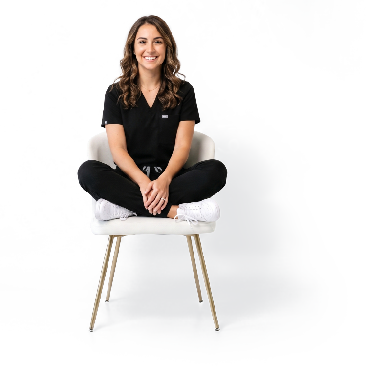 Med spa provider seated in a treatment room, surrounded by handwritten words describing her personality