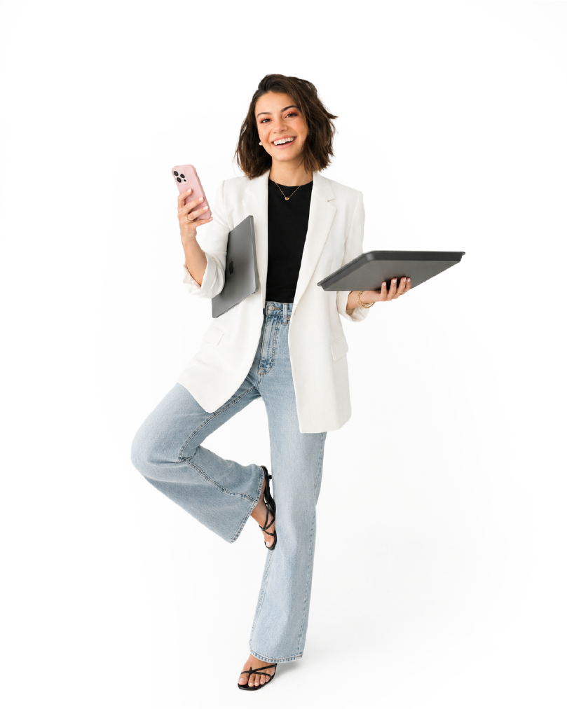 Med spa provider holding a phone and tablet, surrounded by incoming patient messages