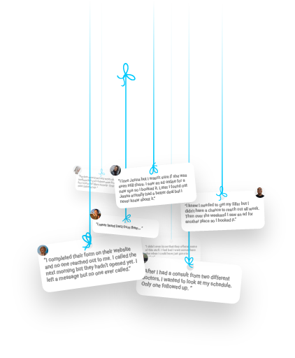 Dangling patient quote cards illustrating missed follow-up