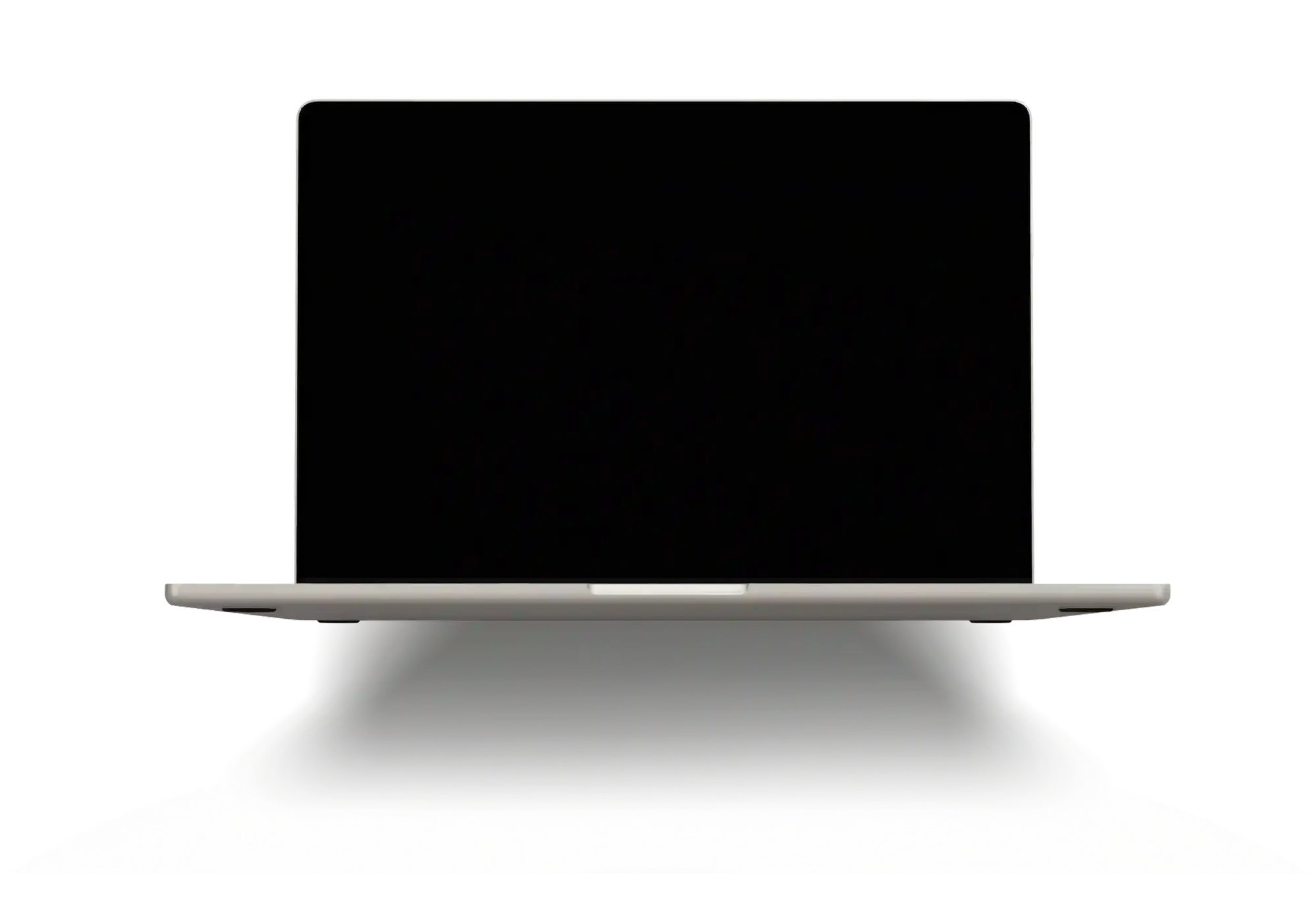 Silver laptop computer with black screen on a two-tone dark green and gray surface.