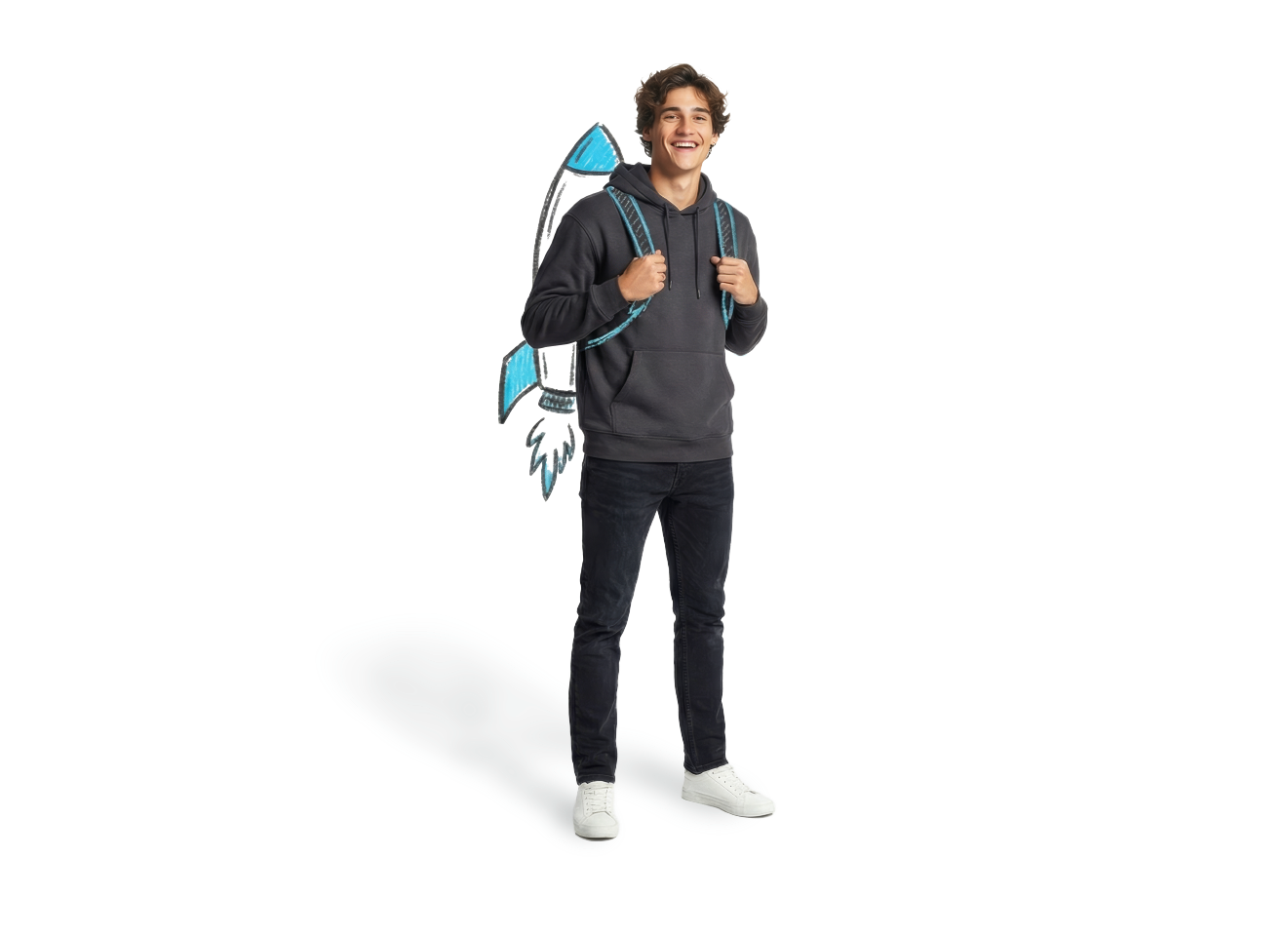 Sales rep with a rocket, surrounded by sketches: immediate, scalable, responsive, with connection