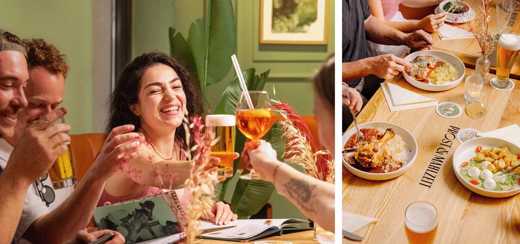 Weihnachtsfeier in Mainz – Gruppe und Gerichte im Restaurant Prost & Mahlzeit