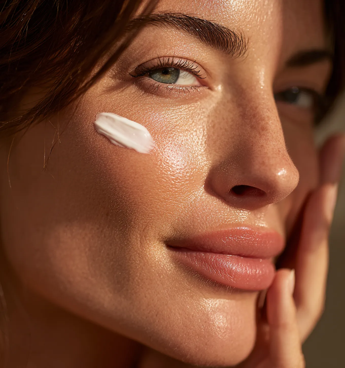 Close-up of a woman with glowing skin applying a dollop of cream to her cheek with a gentle smile.