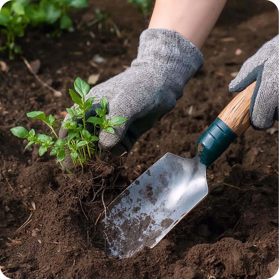 Gärtner mit grauen Handschuhen pflanzt junge grüne Pflanze mit Wurzel in dunkle Erde.