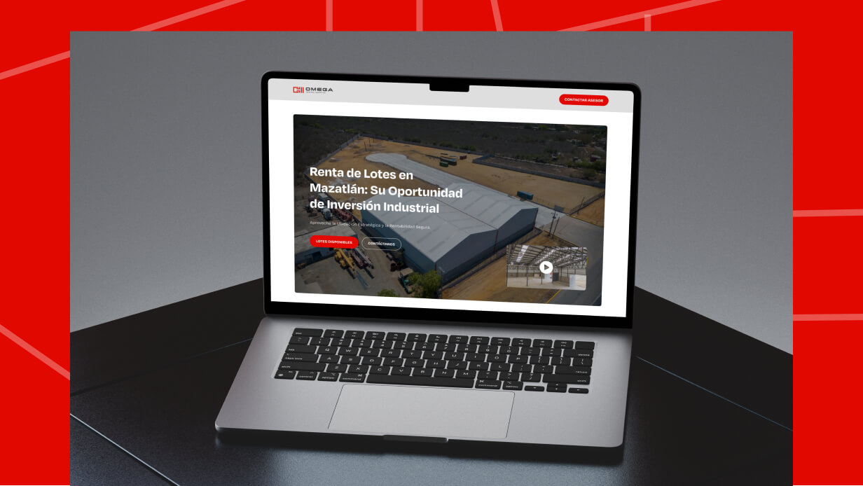 Laptop displaying a webpage about industrial land rental opportunities in Mazatlán with an aerial view of a large warehouse and surrounding plots.