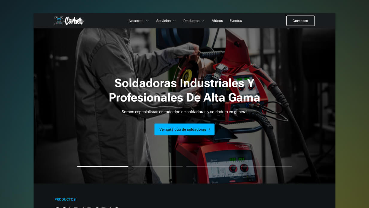 Person operating a red industrial welding machine, with website navigation menu and text promoting high-end industrial and professional welders.