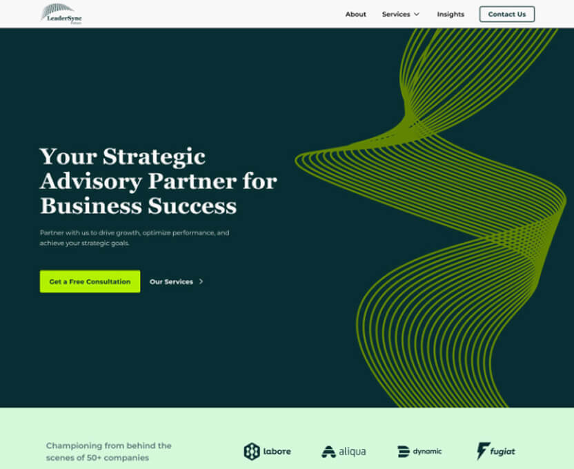 Website homepage of LeaderSync with slogan 'Your Strategic Advisory Partner for Business Success,' navigation menu, and call-to-action button for free consultation.