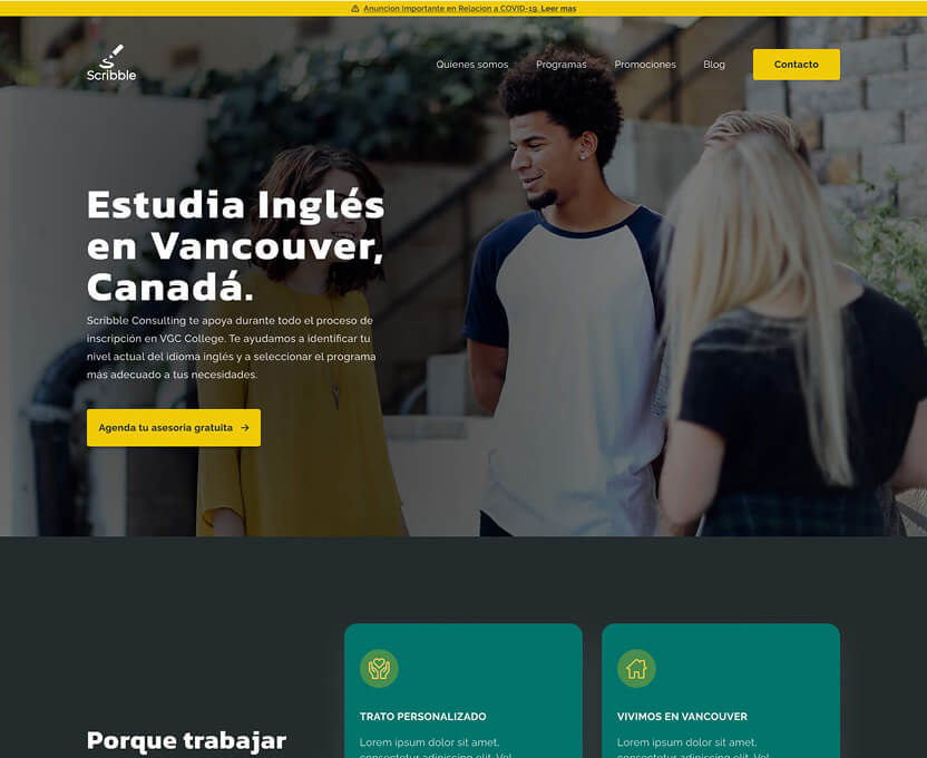 Three young adults talking outdoors on steps, with text promoting English studies in Vancouver, Canada.