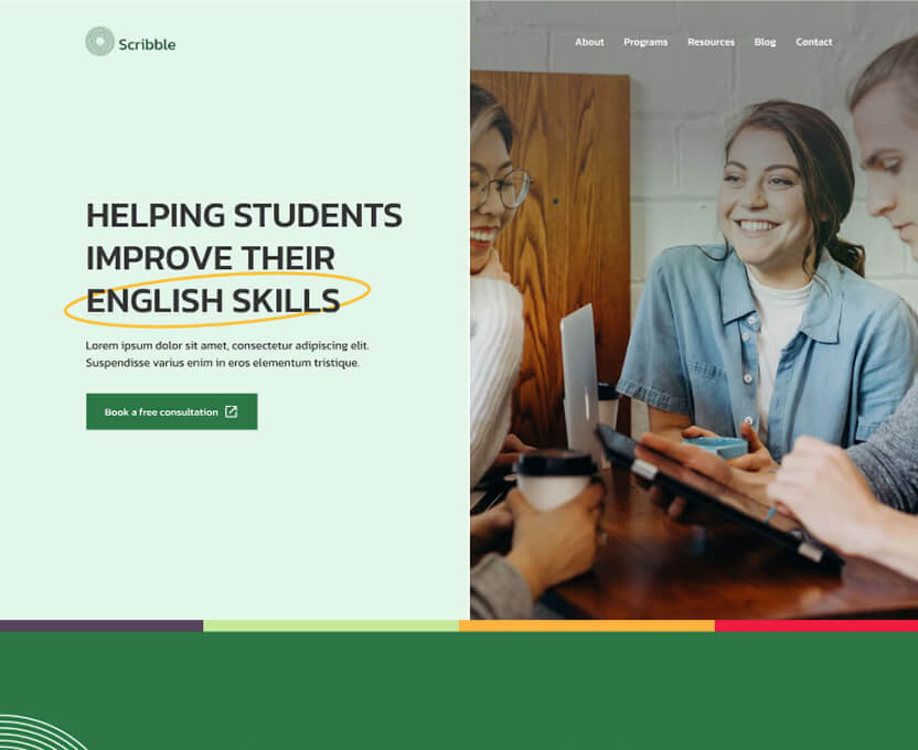 Website homepage with a heading reading 'Helping Students Improve Their English Skills' circled in orange, a green button for booking a free consultation, and a photo of three people smiling and working with tablets and coffee.