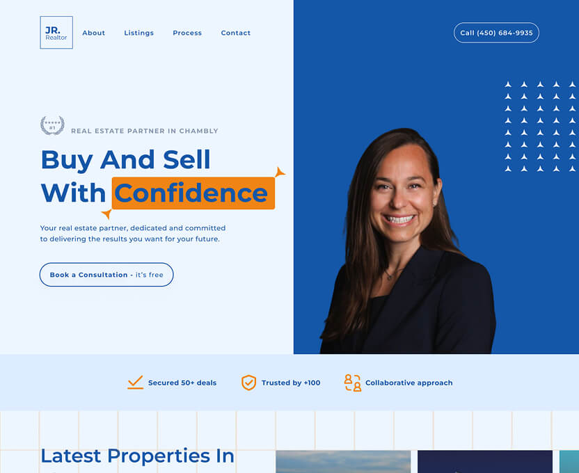 Real estate website homepage featuring a smiling woman in a dark blazer, with text promoting buying and selling with confidence in Chambly and a call-to-action button for booking a free consultation.