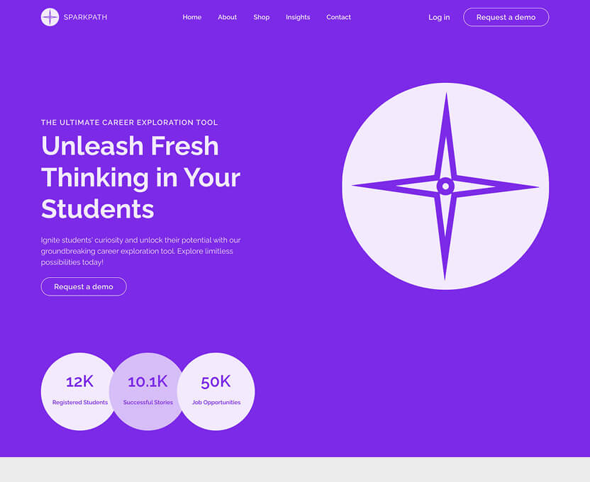 Purple webpage for SparkPath with headline 'Unleash Fresh Thinking in Your Students,' navigation menu, large compass icon, and stats on registered students, success stories, and job opportunities.