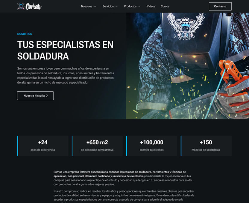 Welder in protective gear using welding torch with sparks flying, alongside text introducing specialists in welding services and company experience.