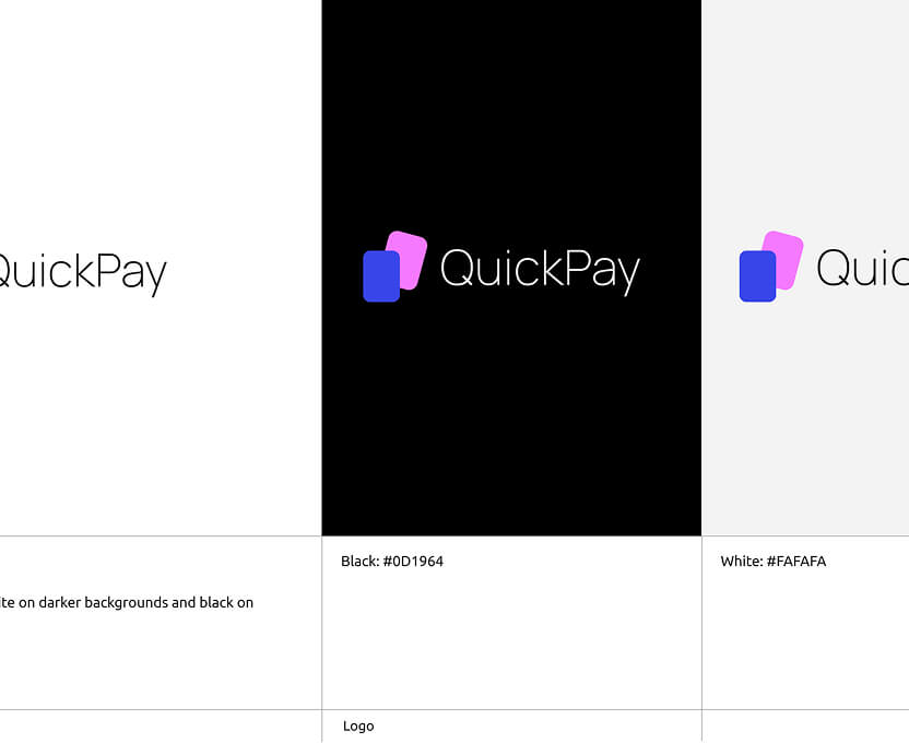 QuickPay logo with two overlapping rounded rectangles, one blue and one pink, displayed on white, black, and light gray backgrounds.