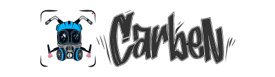 Blue and black futuristic gas mask with goggles beside stylized black graffiti text reading 'Carbon'.