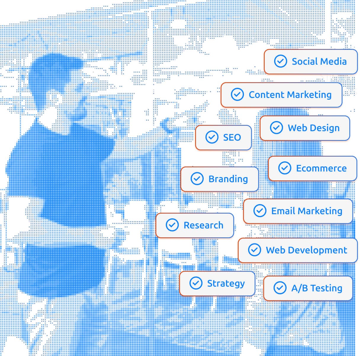 Two people in a discussion with digital checklists of marketing and web development terms including Social Media, SEO, Email Marketing, and Web Design.