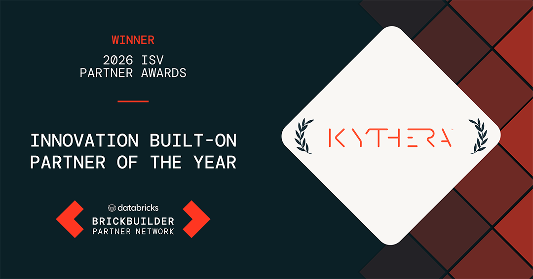 Kythera Labs team accepting the 2026 Databricks ISV Innovation Built-On Partner of the Year Award at the Data and AI Summit