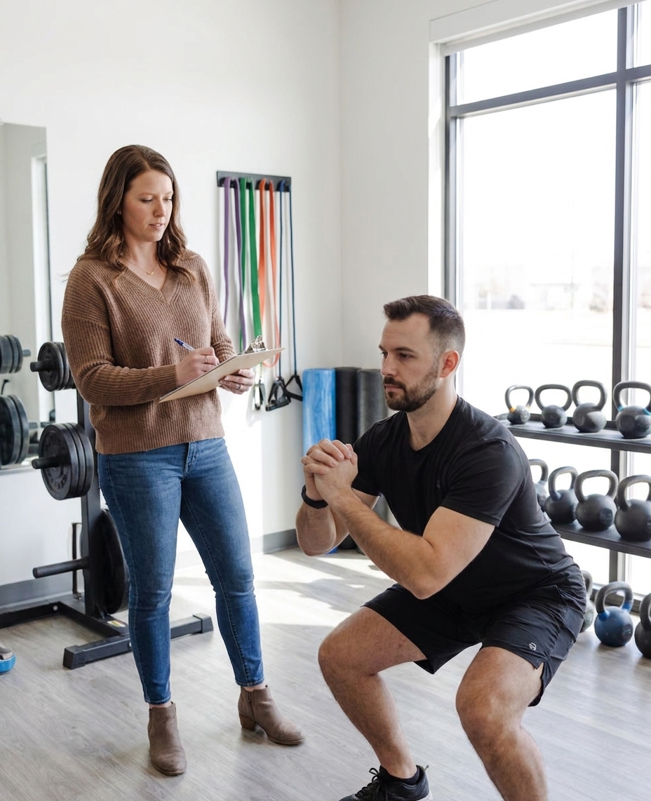 Patient working with a provider at a performance physical therapy clinic in Wichita, KS during a functional movement assessment