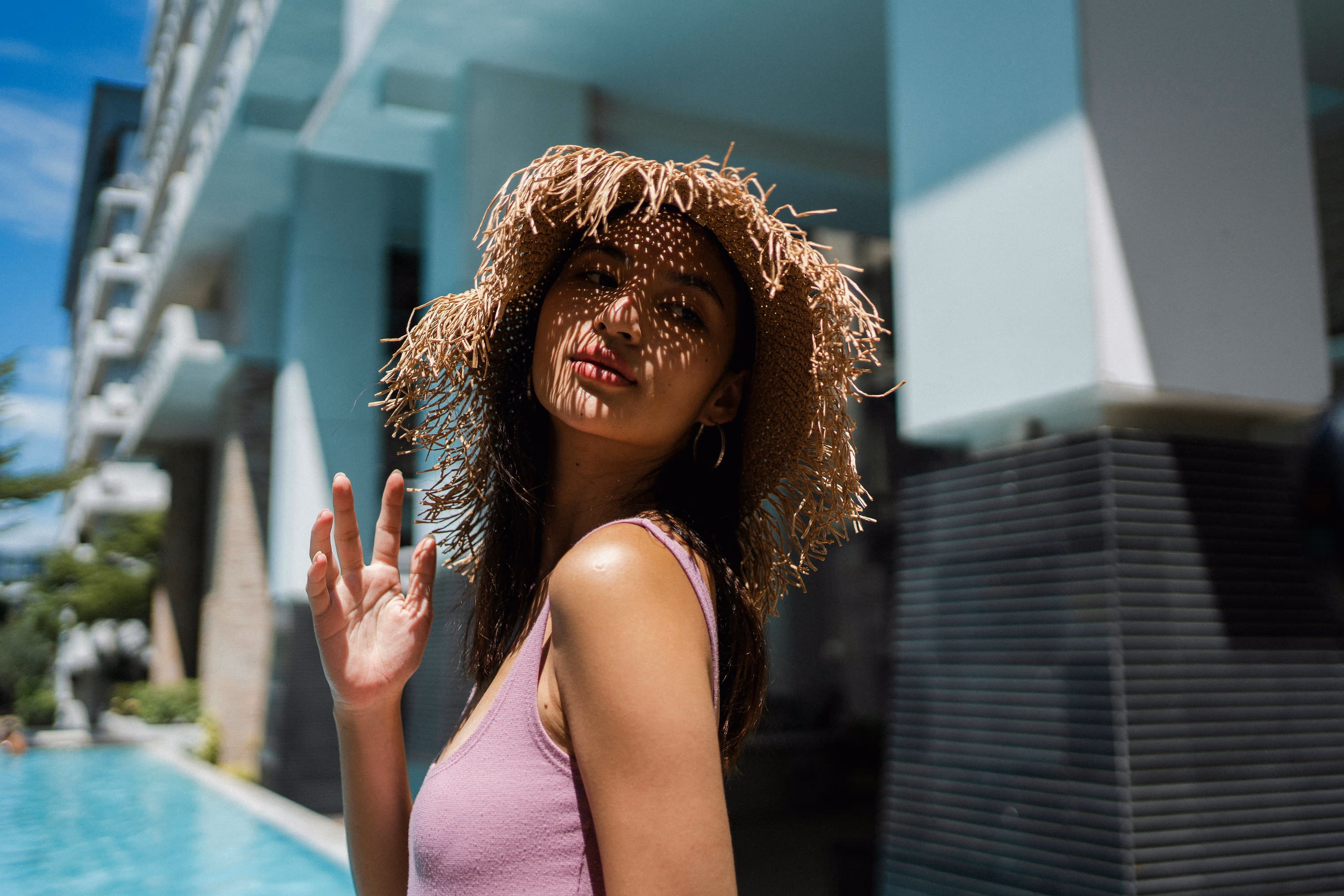 Woman at pool stock image