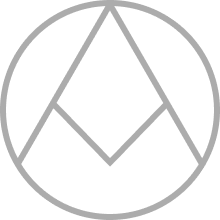 White geometric abstract logo with intersecting diamond and triangle shapes inside a circle on a black background.