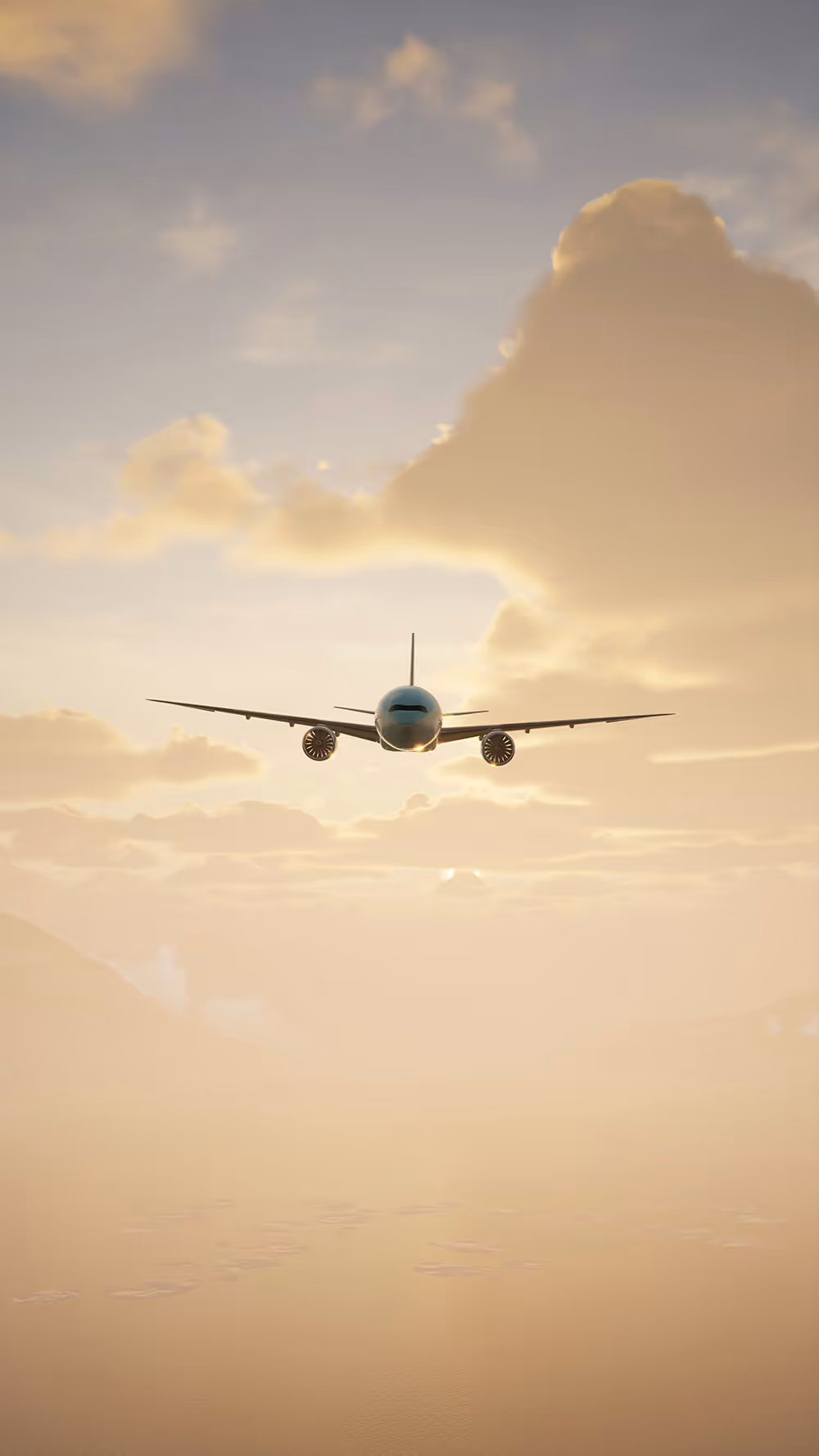 A jet flying toward the viewer with clouds and mountains at sunset in the background.