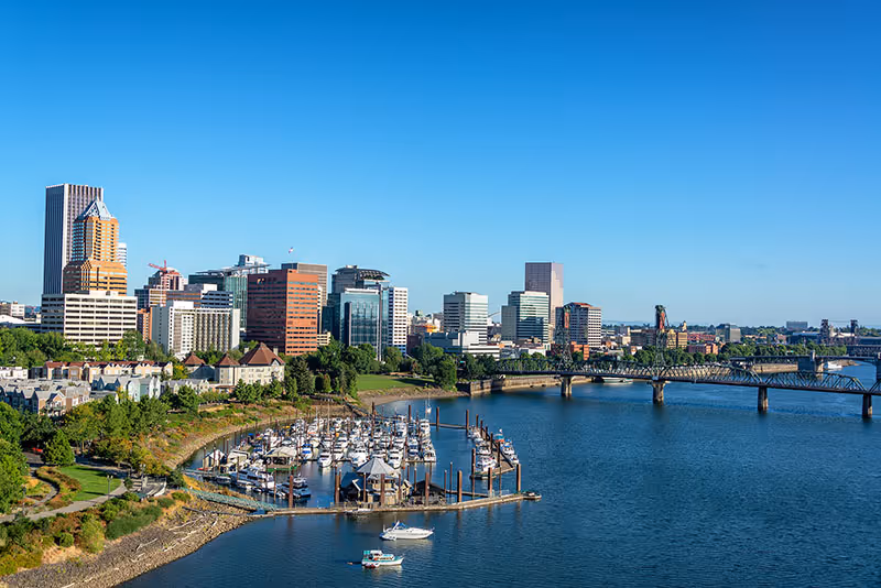 City skyline with high-rise buildings, marina with boats, river, and blue sky.