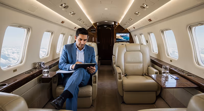 Man in blue suit working on tablet inside a private jet with beige leather seats and windows view of clouds.