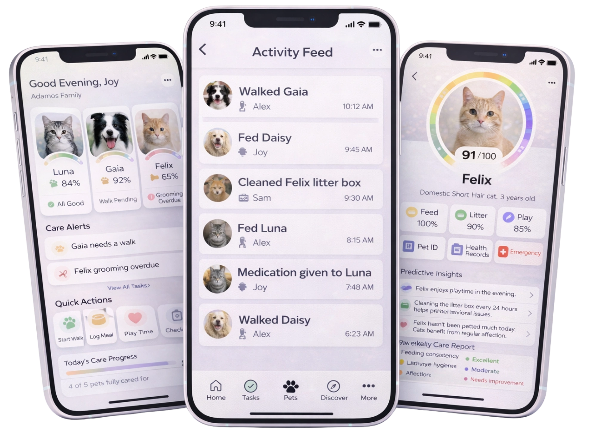 Furbaby pet care app by Furbly showing pet profile happiness score multi-pet household dashboard and shared activity feed