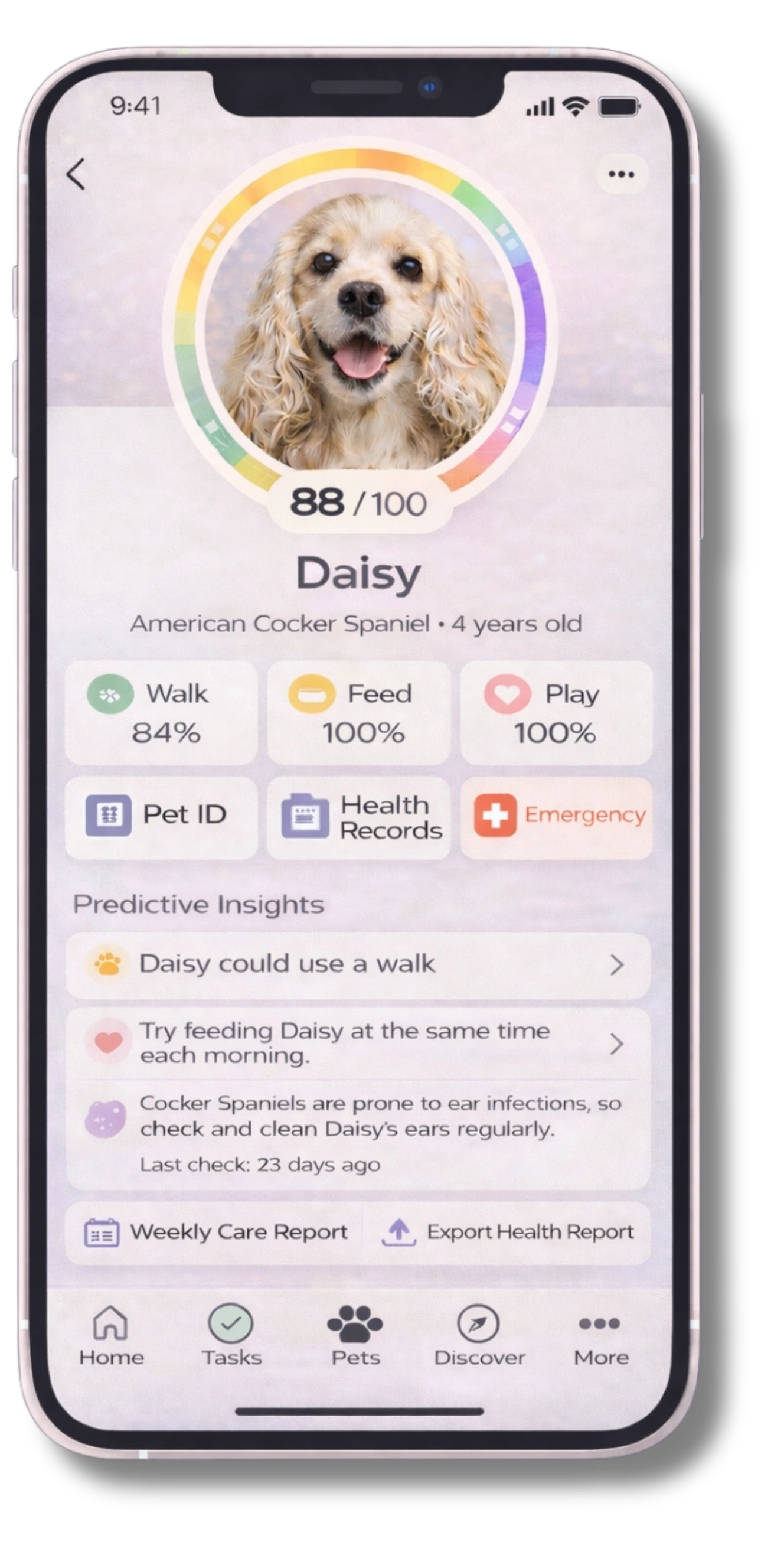 The Furbaby pet care app dashboard by Furbly showing routines medications health records predictive insights and multi-pet tracking