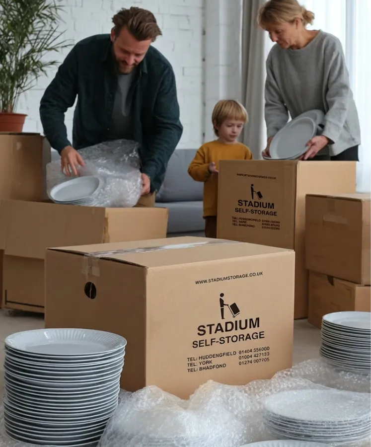 Family packing white plates into cardboard boxes labeled Stadium Self-Storage in a bright living room.