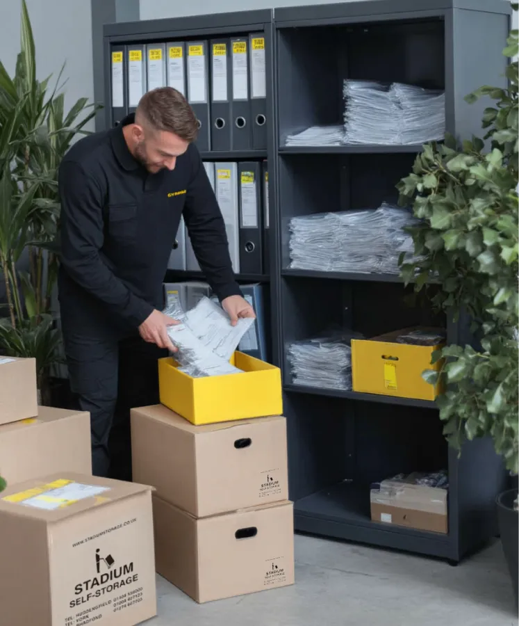 Man in black uniform organizing plastic-wrapped documents into a yellow box surrounded by cardboard storage boxes and shelves with files.