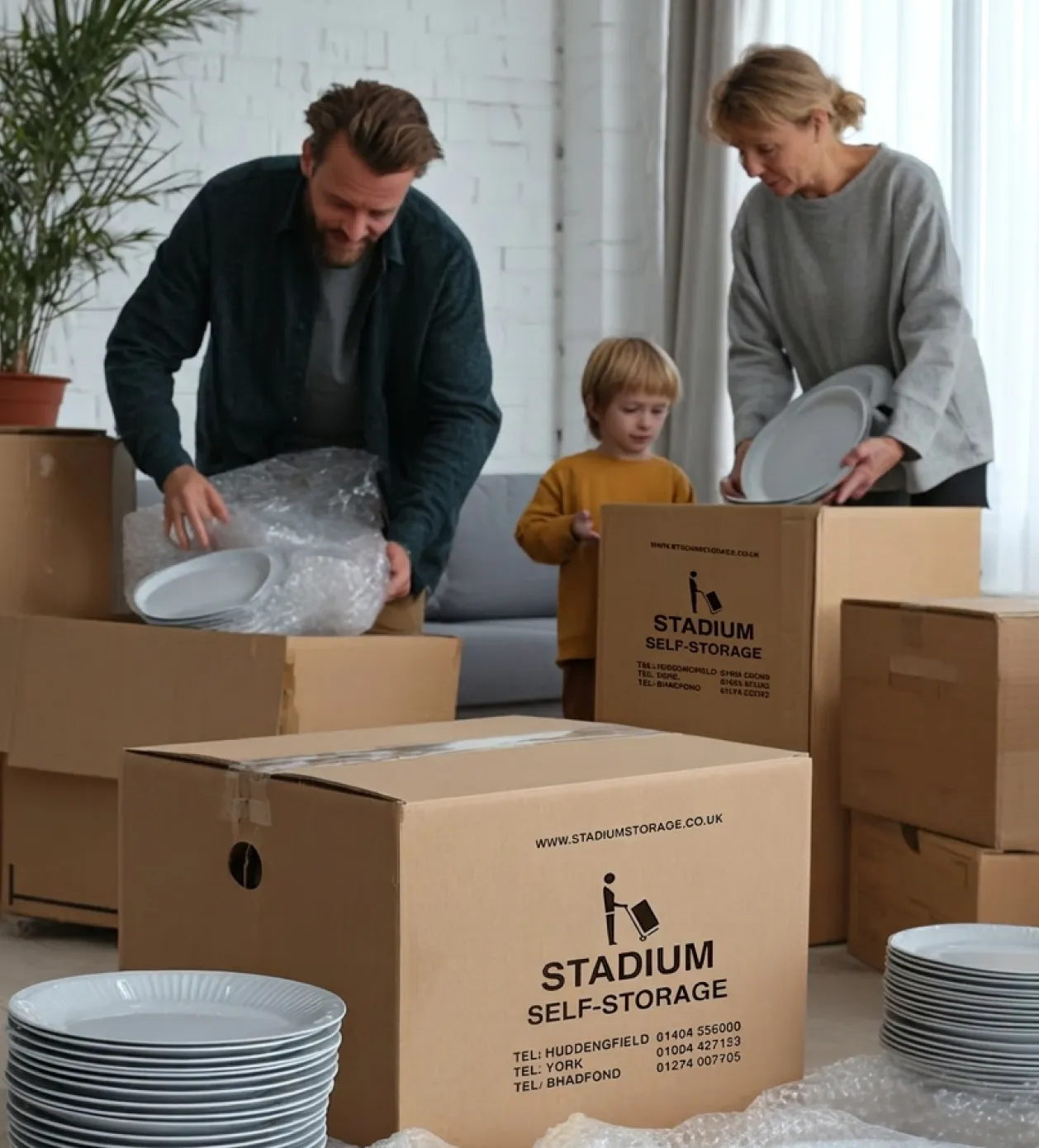Family unpacking plates from cardboard boxes labeled Stadium Self-Storage in a bright living room.