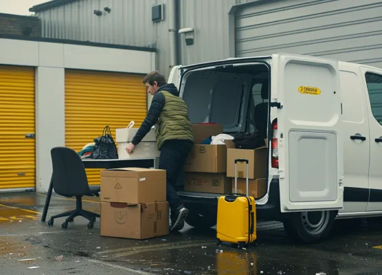 Person loading brown boxes and a white printer into a white van with a yellow suitcase nearby.