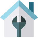 Icono de una casa con una llave inglesa en el centro que simboliza la reparación o el mantenimiento del hogar.