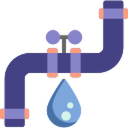 Ilustración de un tubo de plomería morado con dos válvulas y una gota de agua azul colgando del tubo.