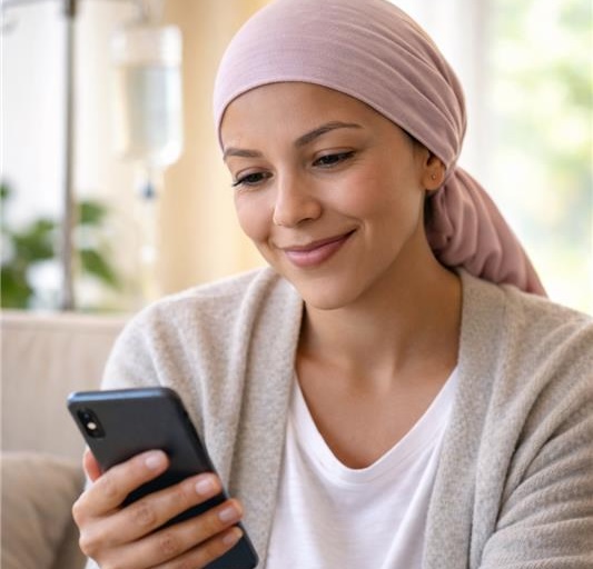 Mujer sonriente con un pañuelo rosa en la cabeza y un suéter gris, mirando su celular.