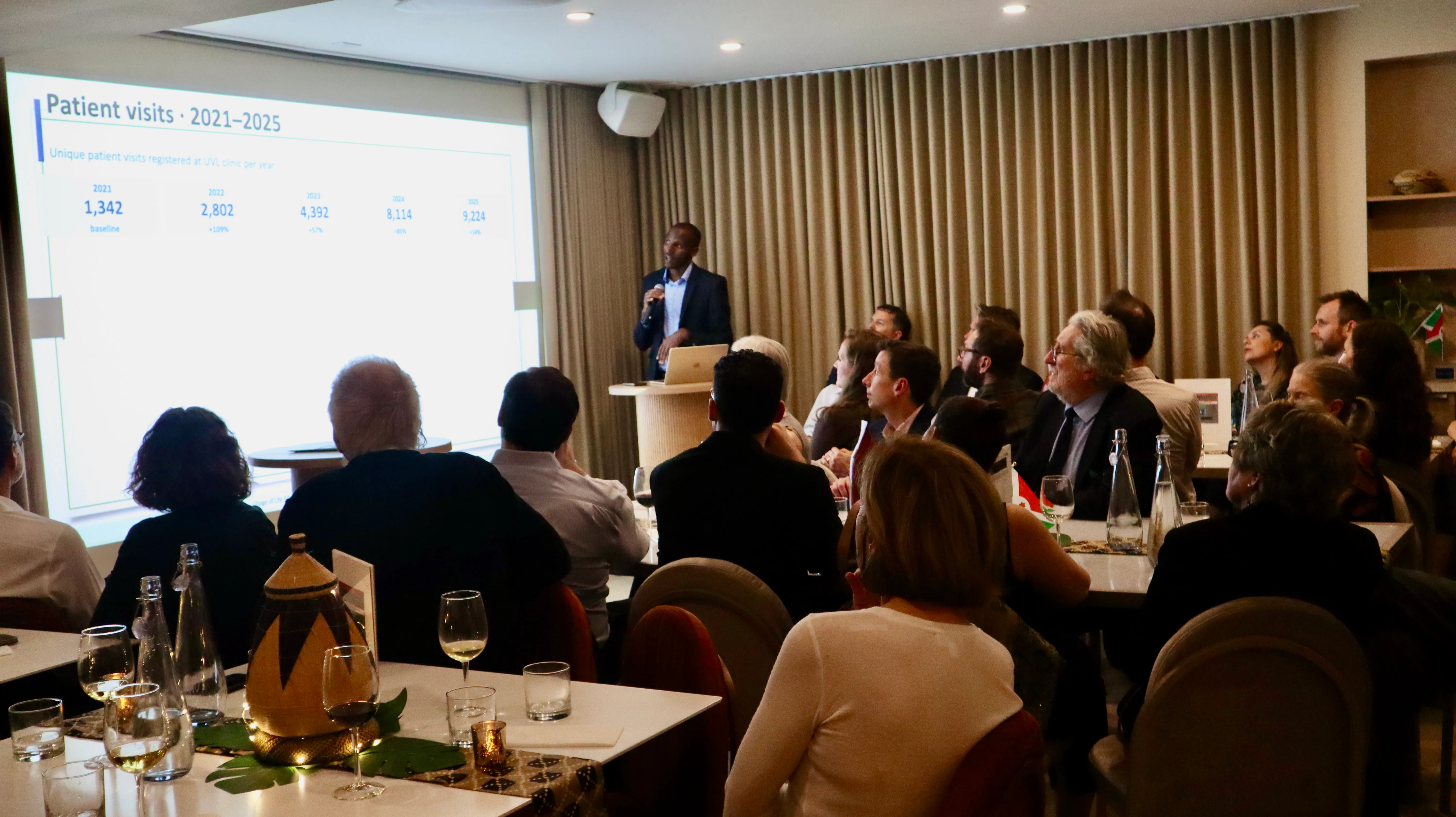 Speaker presenting data slides to guests seated at round tables during a corporate dinner event