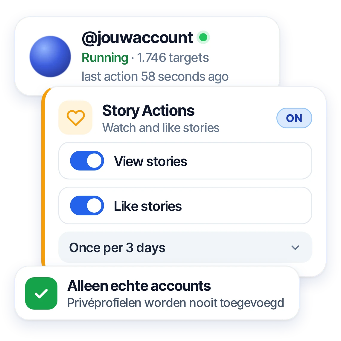 Het Directboost dashboard met je account actief en Story Actions aan: stories van je doelgroep bekijken en liken, alleen bij echte accounts