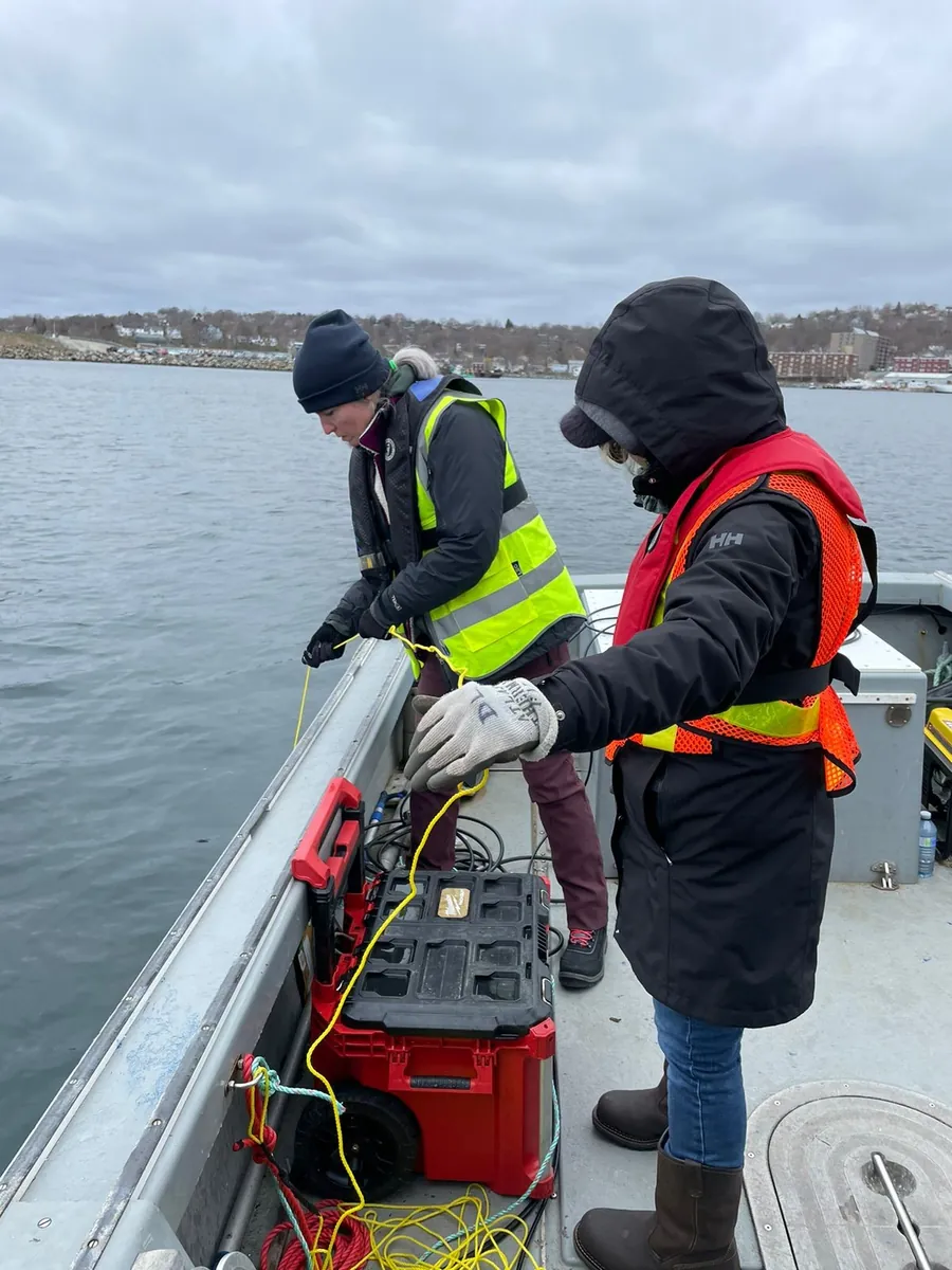 Deploying a sound velocity probe over the side of the survey boat