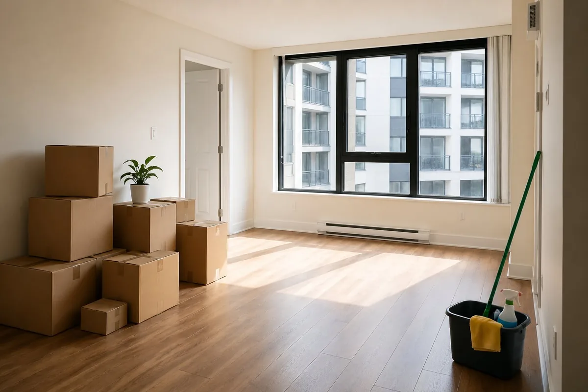 San Francisco apartment during move-out with moving boxes and cleaning supplies