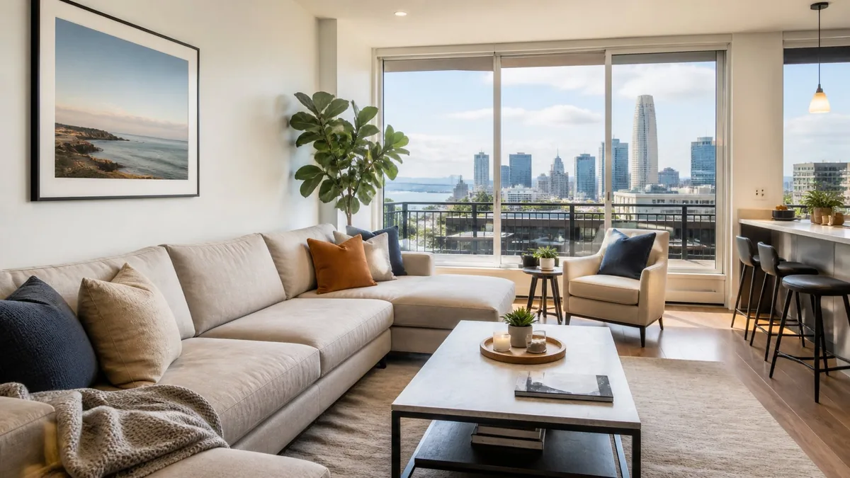 Clean modern living room maintained with regular professional cleaning in San Francisco