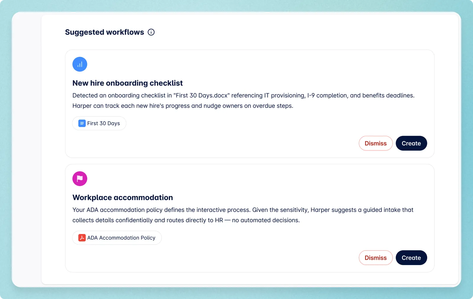Suggested workflows card with new hire onboarding and accommodation policy recommendations
