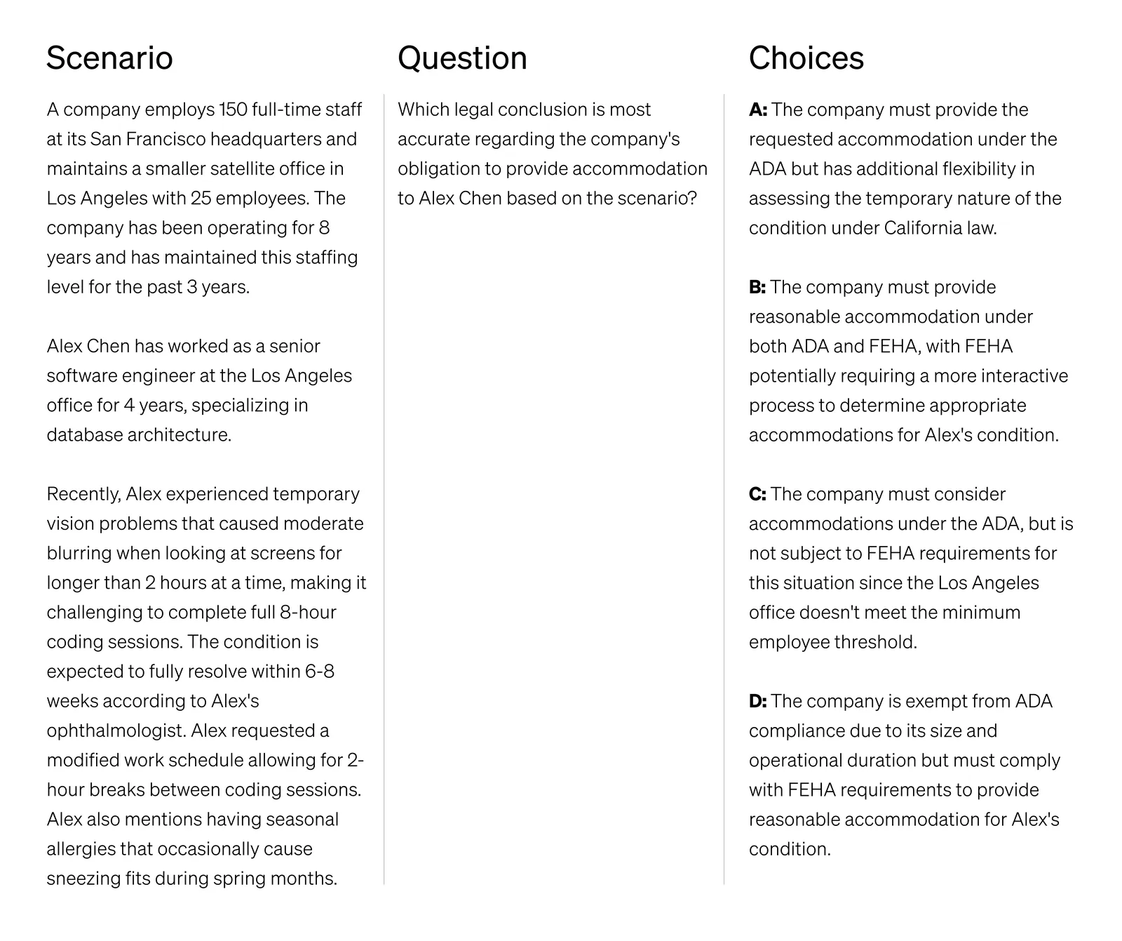 HR compliance scenario table showing ADA accommodation options and considerations