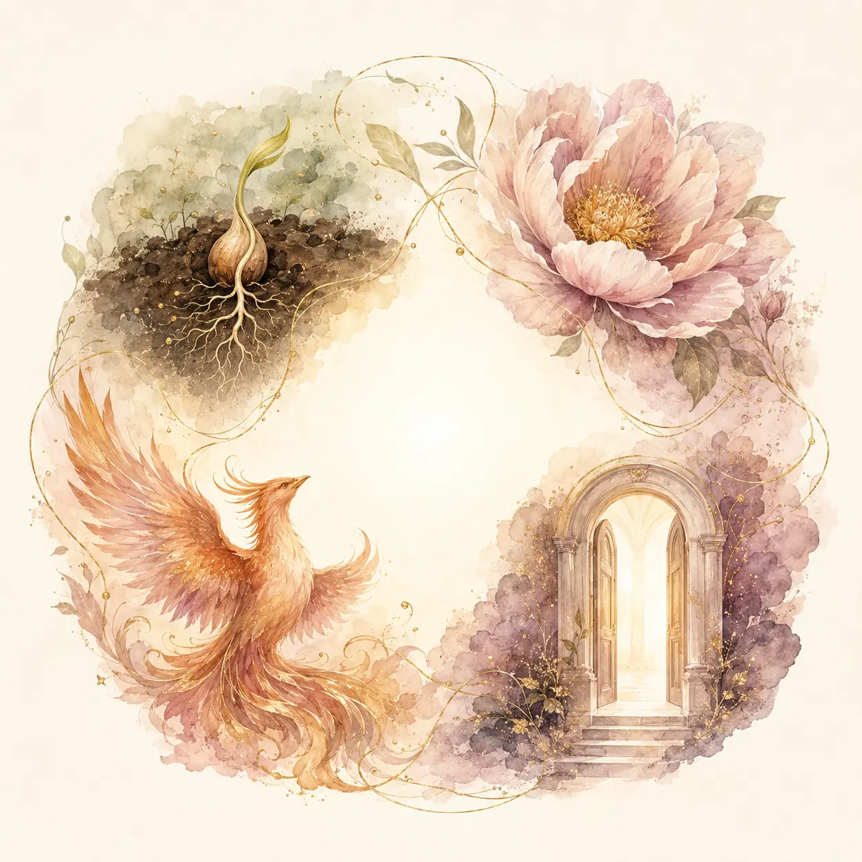 Circular watercolor illustration of the motherhood continuum: a rooted seed, a blooming flower, a luminous birth portal, and a phoenix.