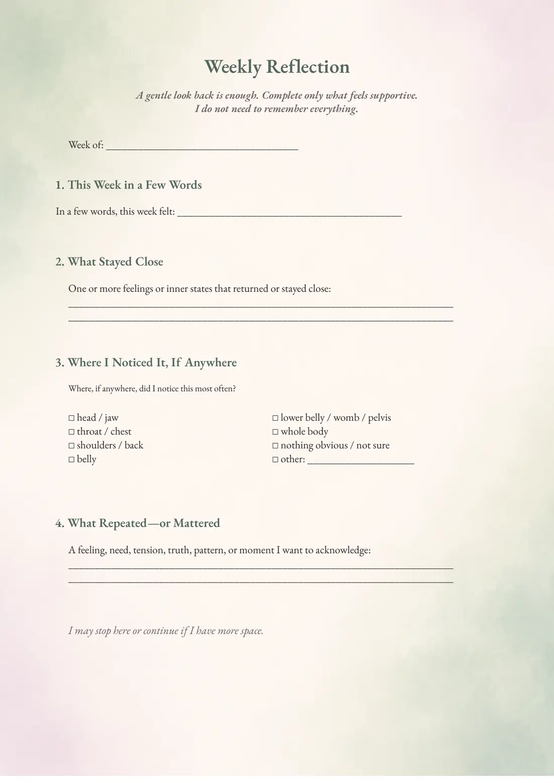 Preview of the Journal Weekly Reflection page