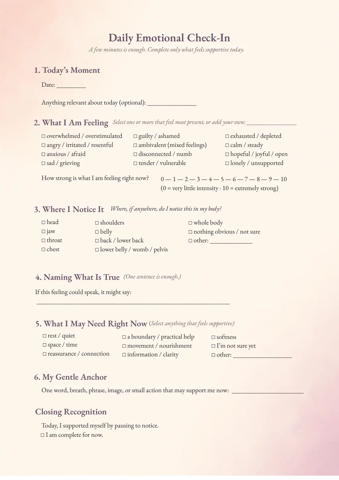 Preview of the Journal Daily Emotional Check-In page