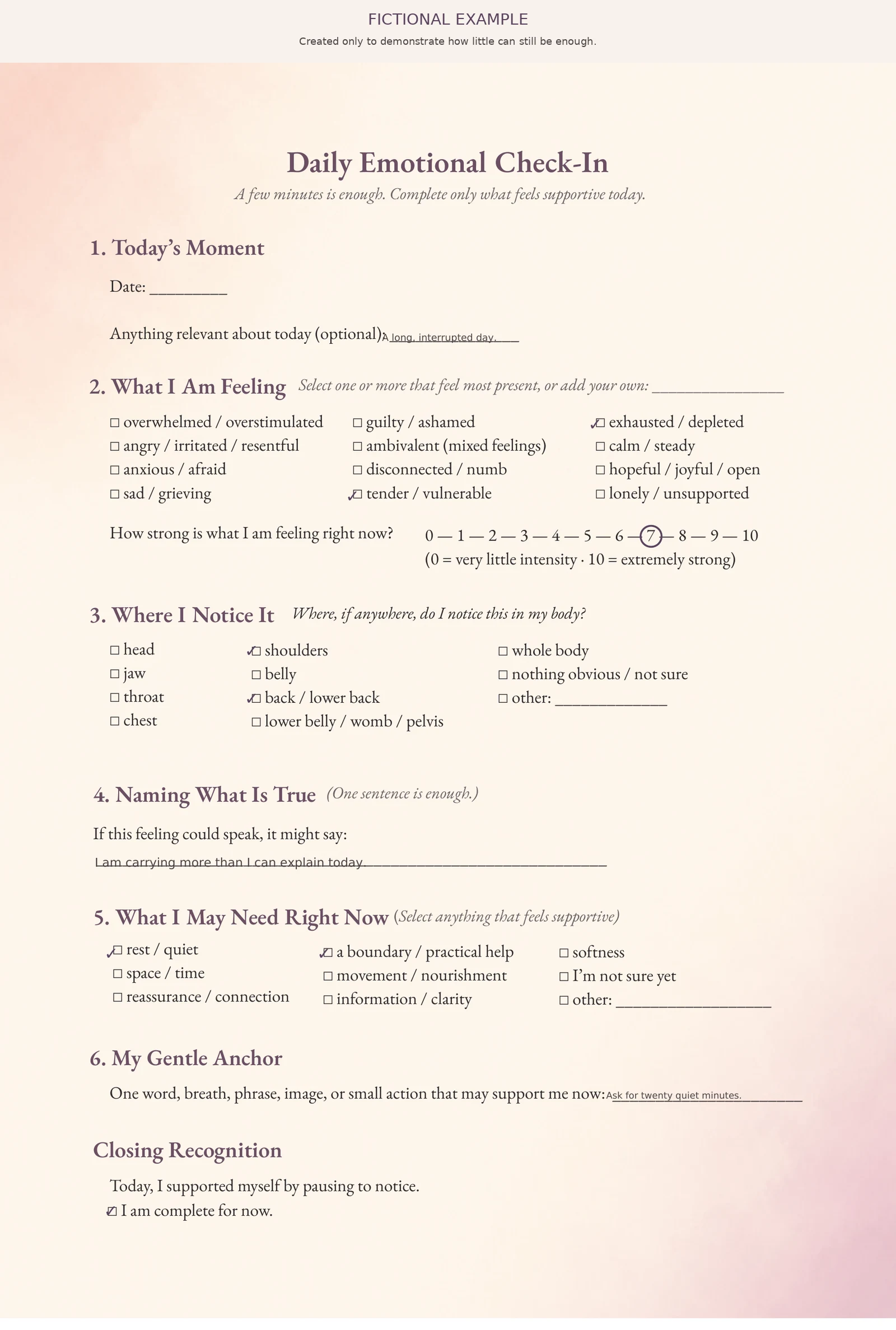Fictional low-capacity example completed on an essential Daily Emotional Check-In page