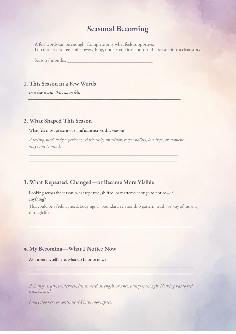 First page of the Seasonal Becoming reflection