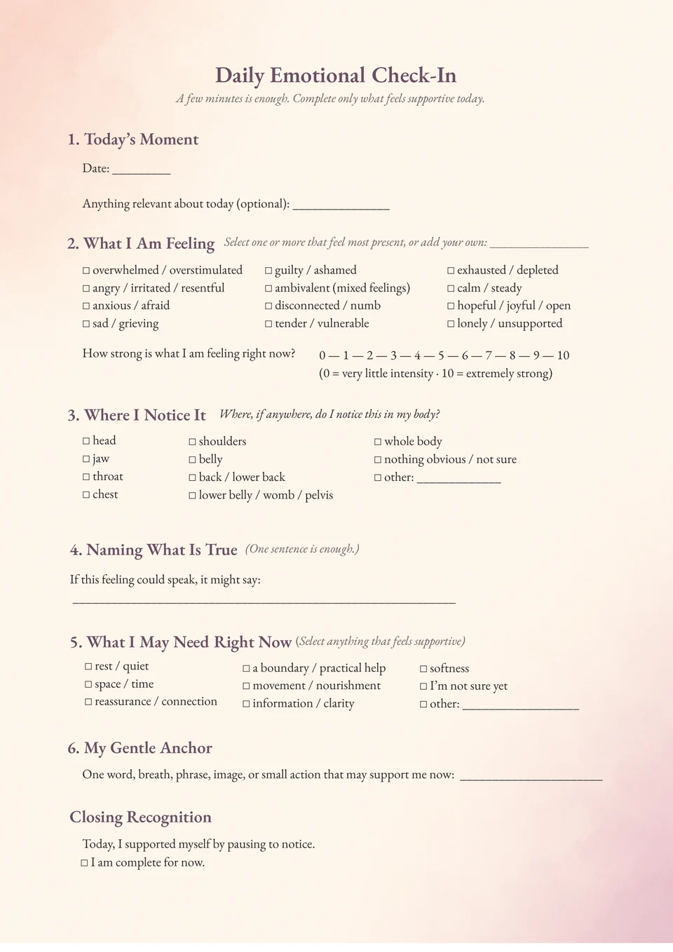 First page of the Daily Emotional Check-In