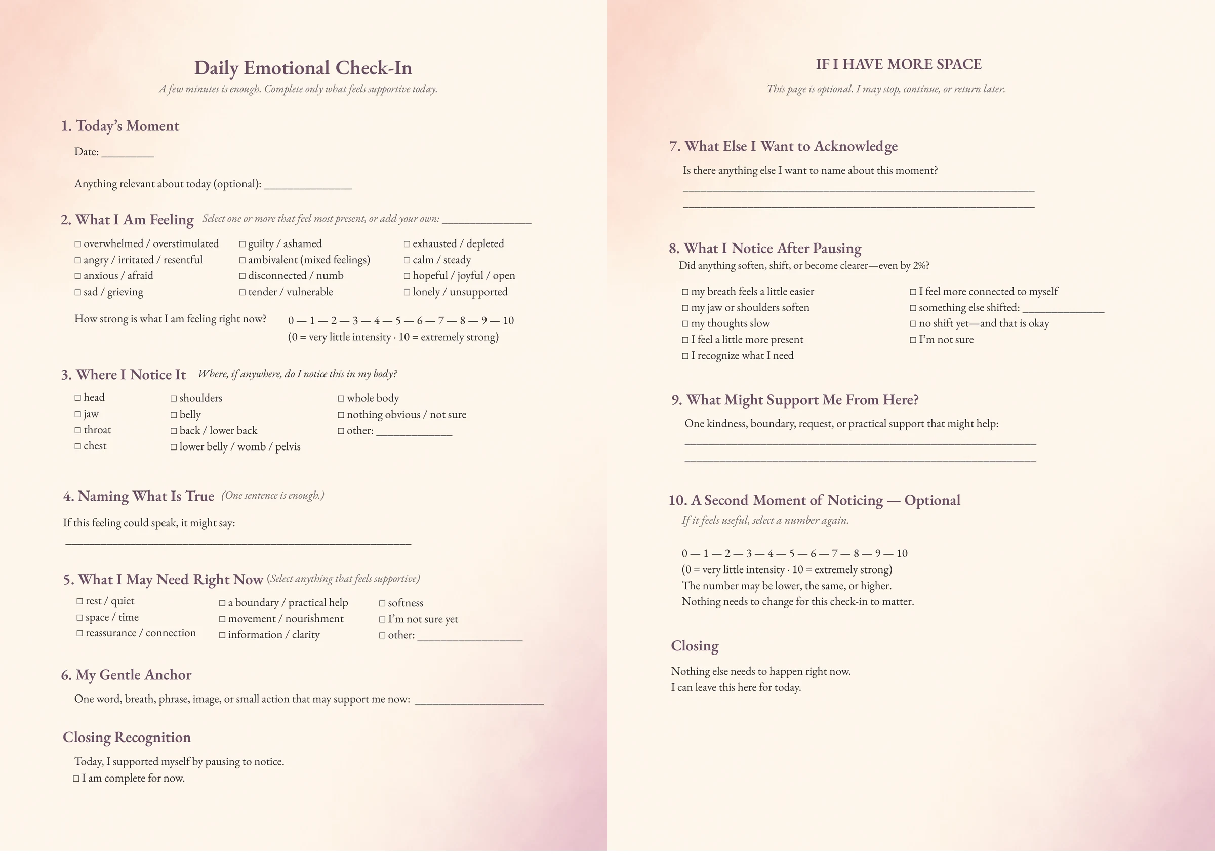 Two-page Daily Emotional Check-In showing the essential first page and optional deeper-reflection page
