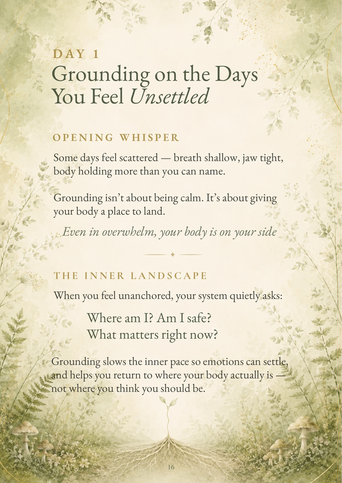 Day 1 opening whisper and inner landscape: Grounding on the Days You Feel Unsettled.